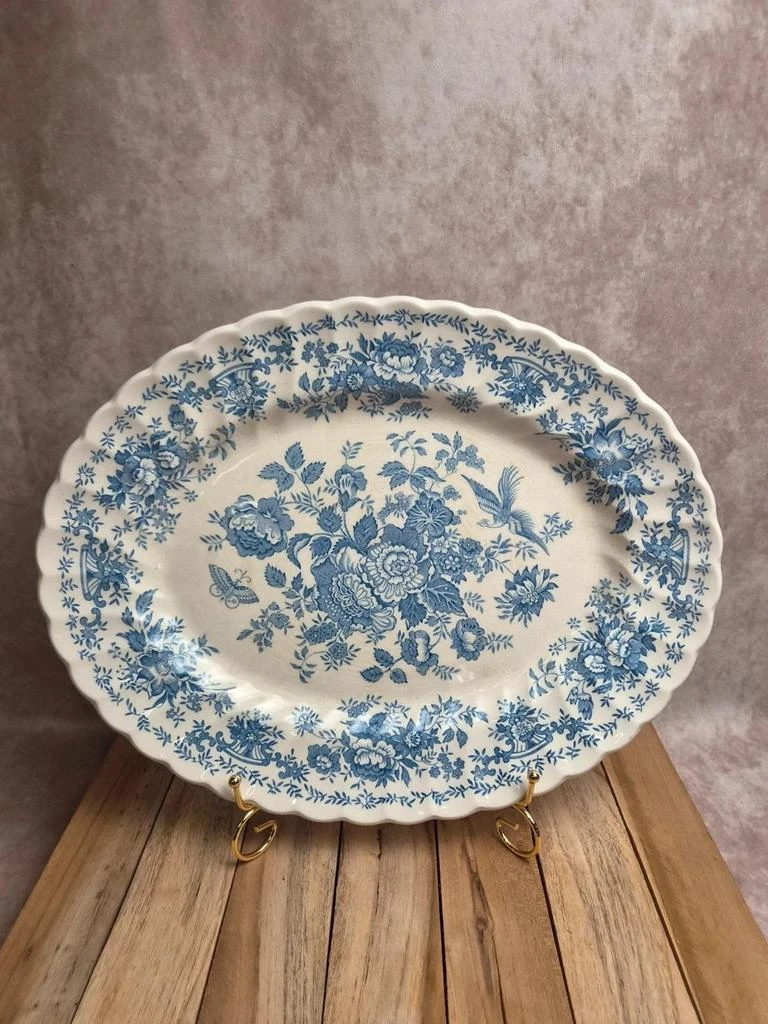 Grand plat ovale vintage Myott Meakin – Décor floral bleu et oiseaux – 38 cm